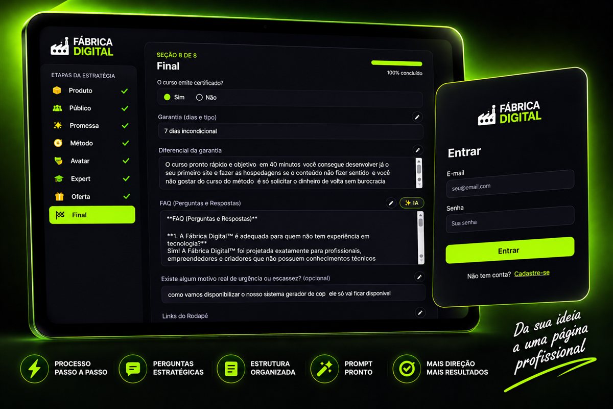 Mockup do aplicativo exclusivo da Fábrica Digital: tela com perguntas estratégicas sobre produto, público, promessa, método e oferta, e tela de login do aplicativo